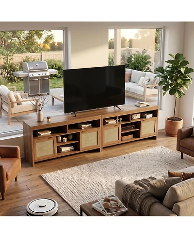 homfan 2 Pieces Boho Tv Stand for 65 in, 58inch Rattan Entertainment Center with Storage, Adjustable Shelves and Doors for Living Room