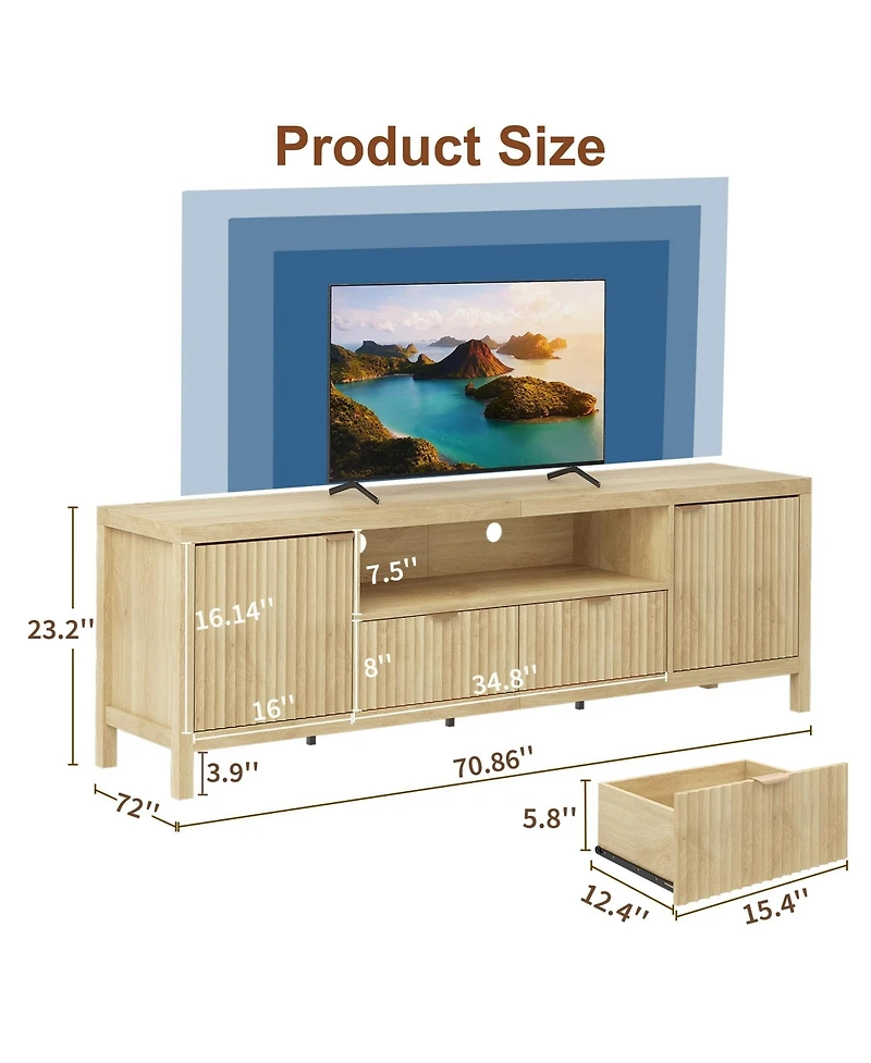 homfan Fluted Tv Stand for 65/75 inches TVs, Mid Century Modern Tv Stand with 2 Cabinet Storage, Tv Console for Living Room, Bedroom