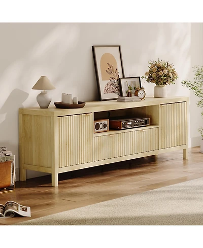 homfan Fluted Tv Stand for 65/75 inches TVs, Mid Century Modern Tv Stand with 2 Cabinet Storage, Tv Console for Living Room, Bedroom