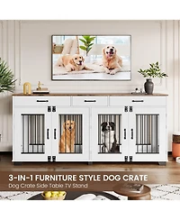 homfan 71-Inch Dog Crate Tv Stand with 3 Drawers, Large Media Console Kennel with Divider for 2 Dogs, Indoor Wooden Tv Stand