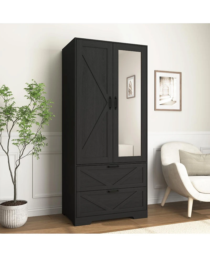 Streamdale Furniture 2-Door Wood Wardrobe with Hanging Rod 2 Drawers Mirror and Induction Light