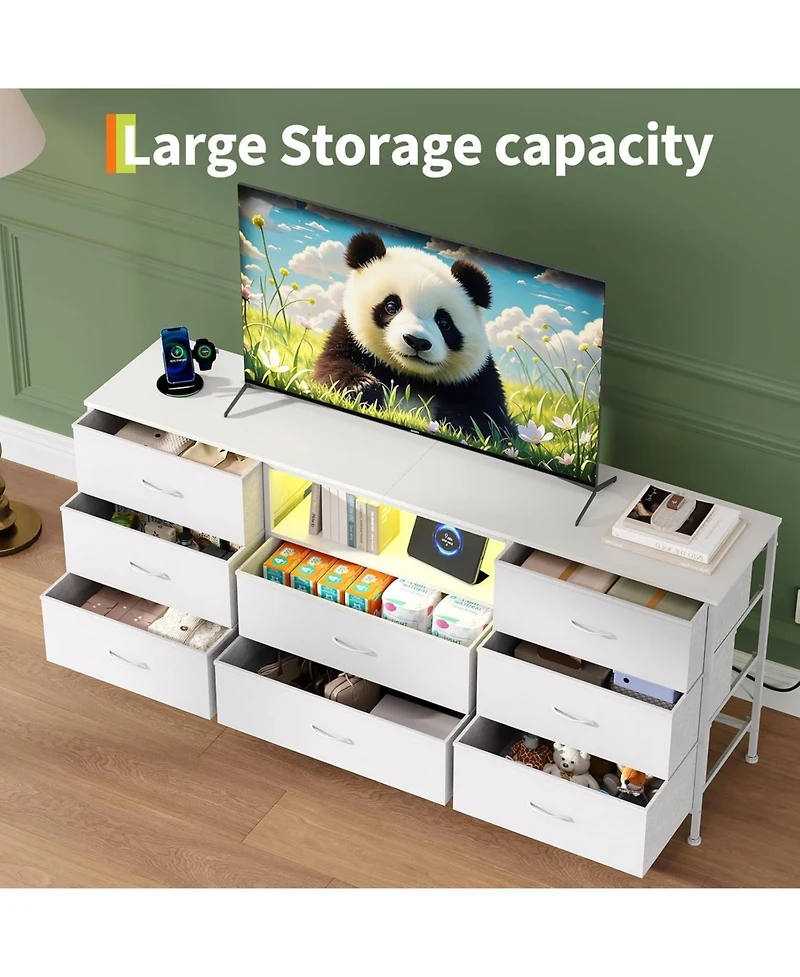 gaomon Tv Stand with 8 Fabric Drawers and Led Lighting, Steel Frame Media Console for 65 70 75 Inch Televisions