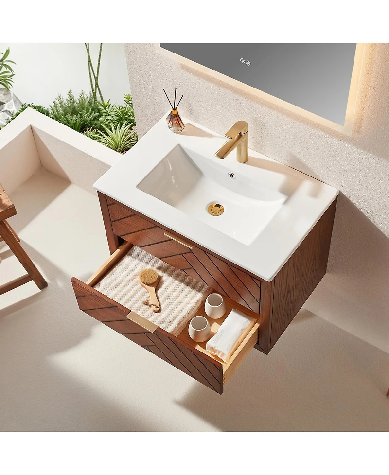 Sillysis Floating Bathroom Vanity with Ceramic Sink, Wall Mounted Modern Cabinet, Deep Drawers for Storage, Fully Assembled