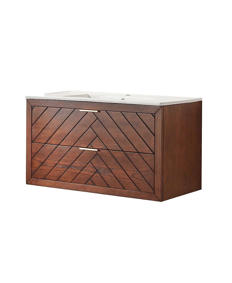 Sillysis Floating Bathroom Vanity with Ceramic Sink, Wall Mounted Modern Cabinet, Deep Drawers for Storage