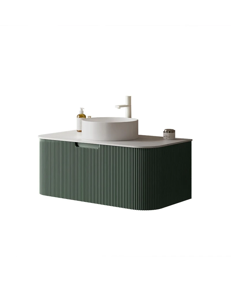 Sillysis Wall-Mounted Bathroom Vanity with Ceramic Sink, Sintered Stone Top, Soft Close Drawer
