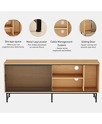 homfan Modern Industrial Tv Stand for 65 Inch Tv, 63inch Unit with Sliding Metal Mesh Doors, Ample Storage, Cable Management, Metal Legs