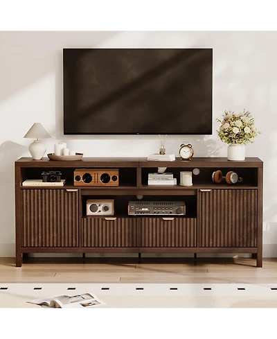 homfan Fluted Tv Stand for 65/75 inches TVs, Mid Century Modern Tv Stand with 2 Cabinet Storage, Tv Console for Living Room, Bedroom
