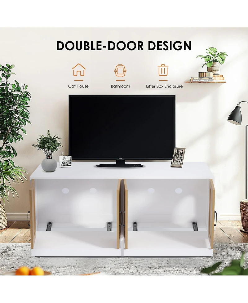 homfan Large Cat Litter Box Enclosure for 2 Cats, Hidden Double Room Cat Furniture Cabinet, Wooden Pet House with Sliding Trays, Ventilated Tv Stand