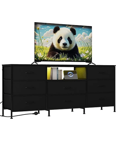 gaomon Tv Stand with 8 Fabric Drawers and Led Lighting, Steel Frame Media Console for 65 70 75 Inch Televisions