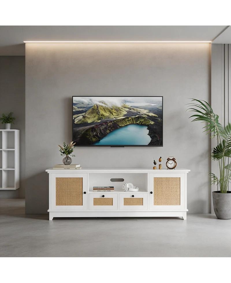 homfan Modern Rattan Entertainment Console, Engineered Wood Tv Stand with Metal Handles, Multi-Functional Storage Media Cabinet