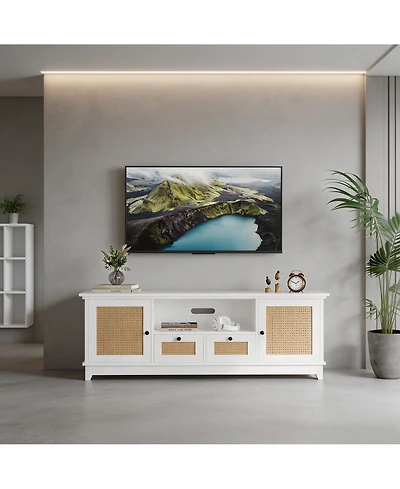 homfan Modern Rattan Entertainment Console, Engineered Wood Tv Stand with Metal Handles, Multi-Functional Storage Media Cabinet