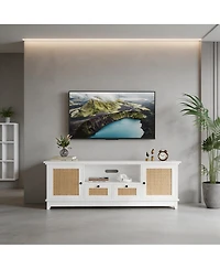 homfan Modern Rattan Entertainment Console, Engineered Wood Tv Stand with Metal Handles, Multi-Functional Storage Media Cabinet