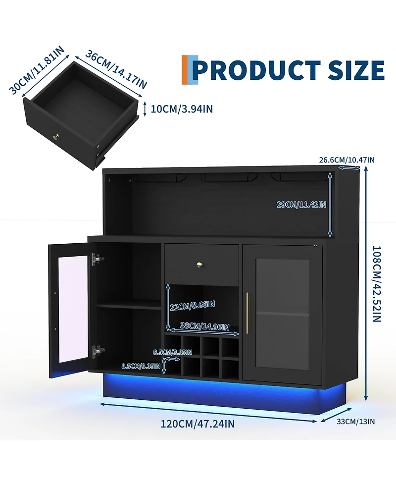 homfan Bar Cabinet with Led Lights, Glass Holder and Power Outlet, Coffee Bar with Drawer Storage for Home and Kitchen