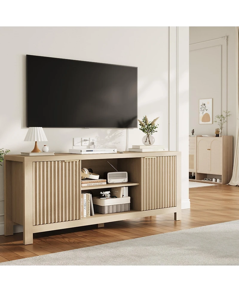 homfan Mid Century Modern Tv Stand, 59 Inch Entertainment Center with 2 Cabinets, Adjustable Shelves and Cable Management