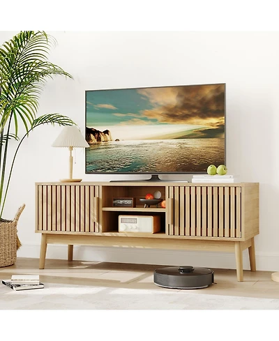 homfan Boho Tv Stand for Living Room, Modern Entertainment Center for TVs Up to 50 Inch, Television Console with Fluted Door Storage Cabinet