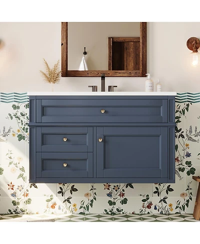 Sillysis Floating Bathroom Vanity with Ceramic Sink, Wall Mounted Modern Cabinet, Soft Close Drawers, Ample Storage
