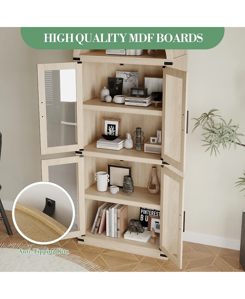 homfan Arched Glass Door Bookshelf, Freestanding Engineered Wood 4-Door Display Cabinet with Anti-Tip Design Home Storage