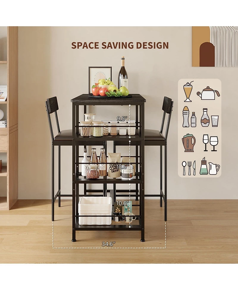 homfan 3-Piece Industrial Style Counter Height Dining Set for 2, Narrow Kitchen Table with 2 Upholstered Stools and 3-Tier Storage