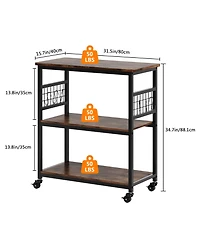 homfan 3 Tier Bar Cart, 32 Inch Brown Rolling Kitchen Island Cart with Locking Wheels and Hooks for Kitchen or Pantry