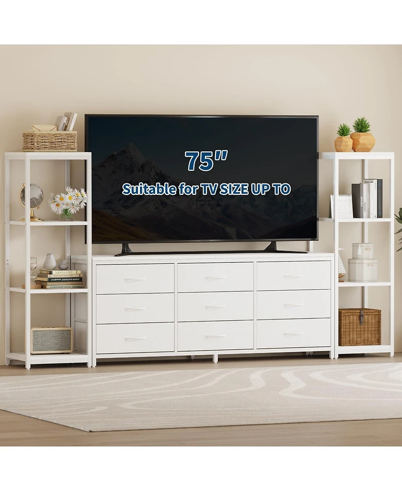 homfan Industrial Tv Stand Dresser, 9 Fabric Drawers and 2 Four-Tier Storage Shelves, Fits TVs Up to 75 Inches, Large Media Console for Living Room