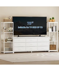 homfan Industrial Tv Stand Dresser, 9 Fabric Drawers and 2 Four-Tier Storage Shelves, Fits TVs Up to 75 Inches, Large Media Console for Living Room