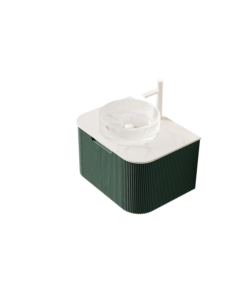 Sillysis Wall-Mounted Bathroom Vanity with Crystal Glass Sink, Sintered Stone Top, Soft Close Drawer