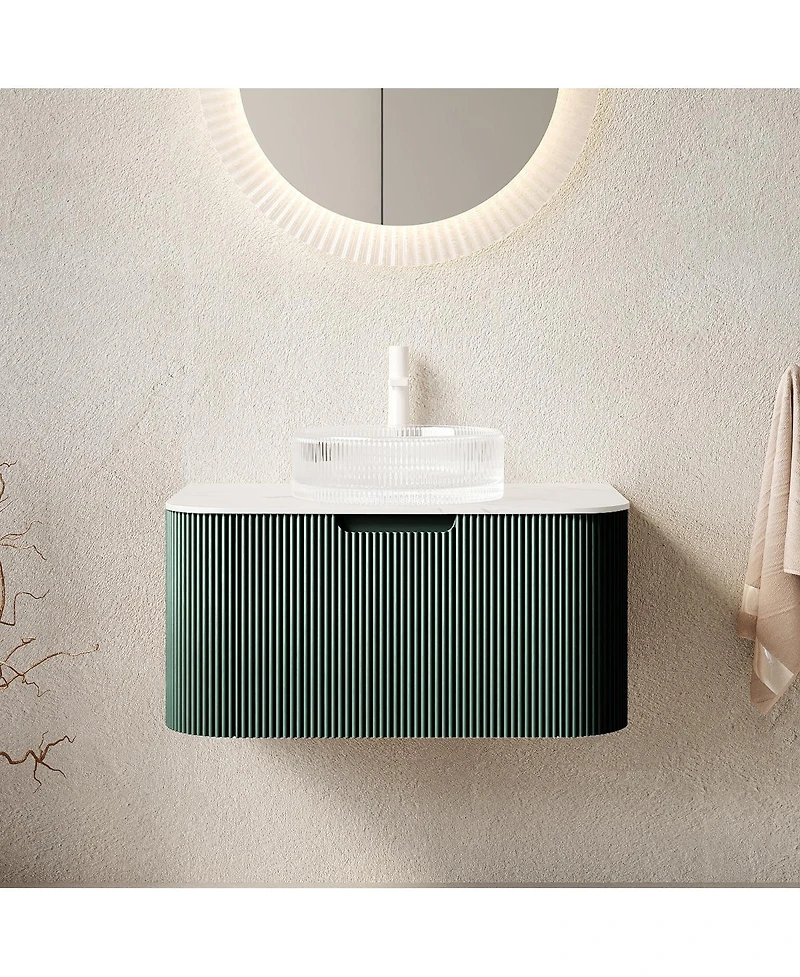 Sillysis Wall-Mounted Bathroom Vanity with Crystal Glass Sink, Sintered Stone Top, Soft Close Drawer