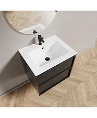 Sillysis Wall Mounted Bathroom Vanity with Ceramic Sink, Soft Close Drawers, Floating Black Cabinet