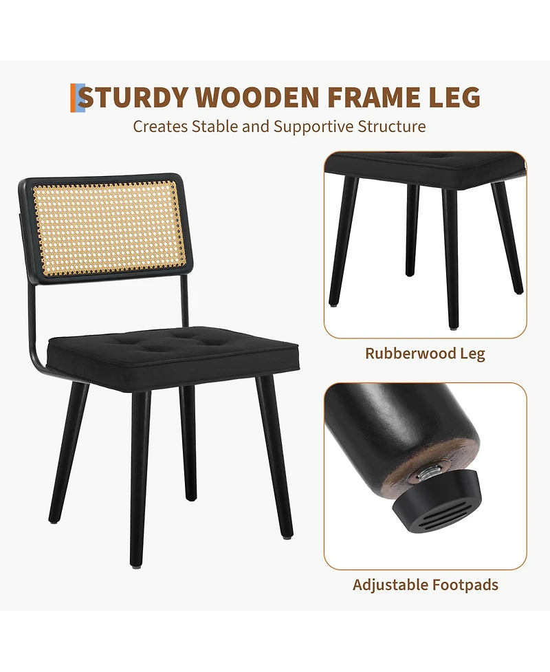 homfan Set of 2 Mid-Century Modern Dining Chairs - Rattan Tall Cane Back, Upholstered Seat, Solidly Wood and Metal Frame Comfortable, Durable