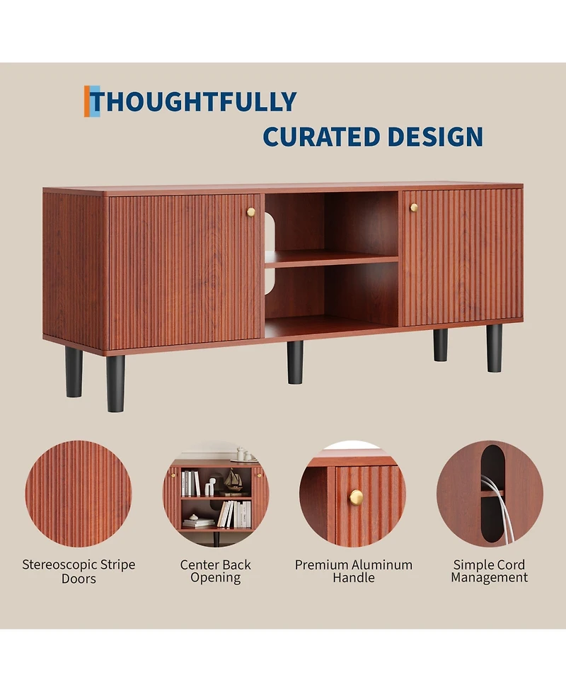 homfan Fluted Tv Stand for TVs up to 65in, Mid Century Modern Wooden Entertainment Center, Adjustable Shelf and 2 Storage Doors