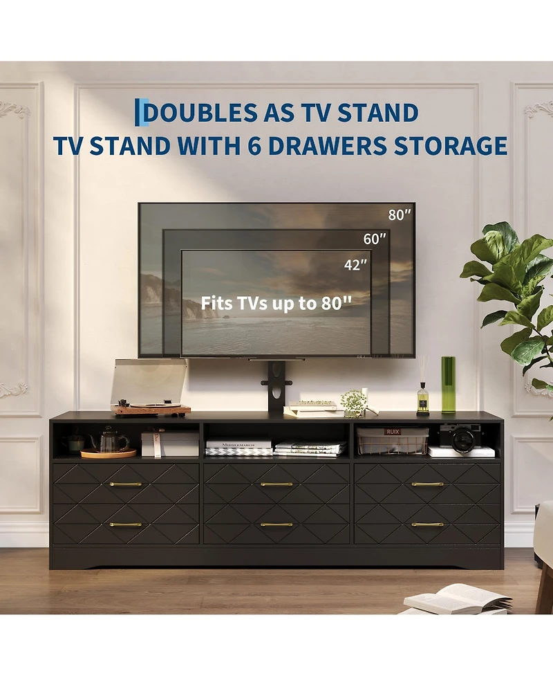homfan Modern Tv Stand with Mount, 6 Drawers, Contemporary Storage Cabinet, Functional Media Console Table, Fits Most Living Room Spaces