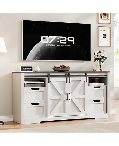 homfan Farmhouse Tv Stand for up to 70 Inch Tv, Entertainment Center with Sliding Barn Doors, 4 Drawers, Adjustable Shelf, Cable Management