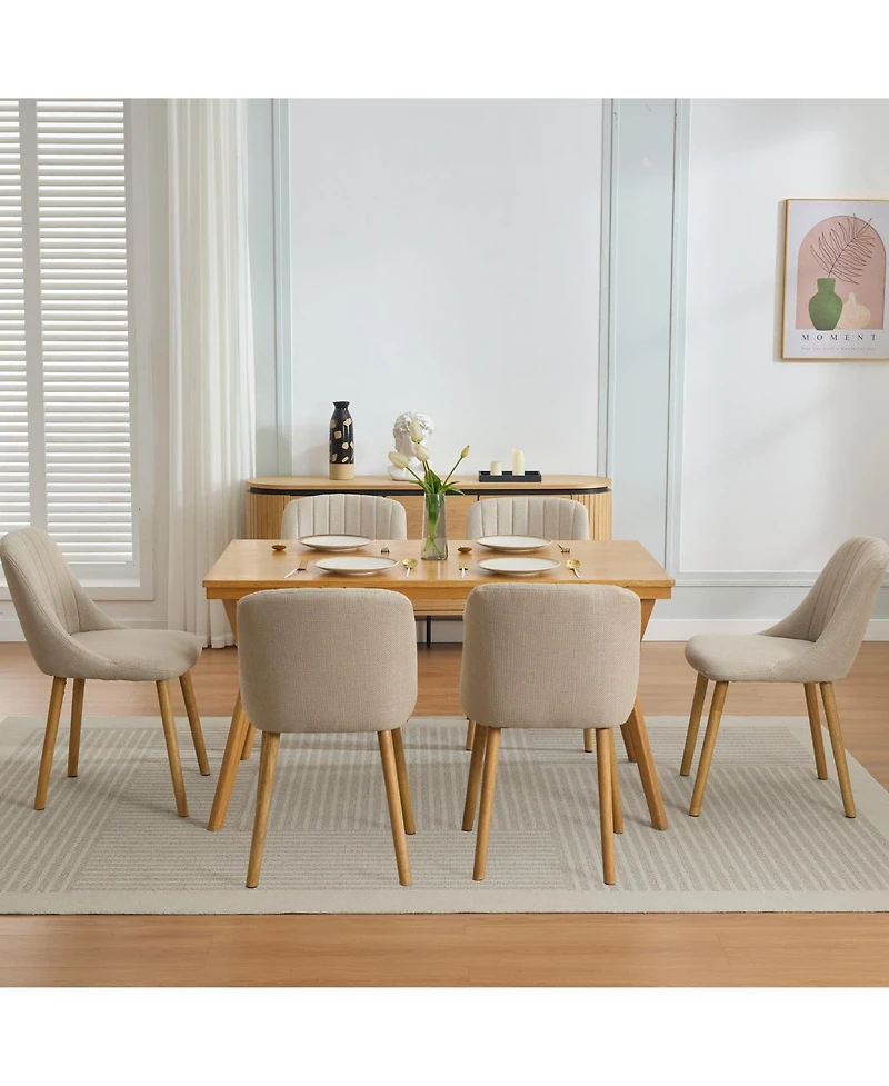 homfan Set of 6 Dining Chairs, Beige Linen Upholstered Modern Chairs with Rubberwood Legs and Ergonomic Backrest for Dining Room or Kitchen