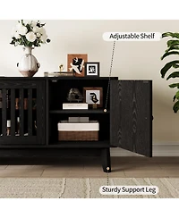 homfan 63" Tv Stand with Power Outlet, 4-Door Grille Media Console Adjustable Shelf, Entertainment Center Round Handles