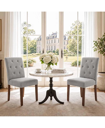 homfan Set of 2 Dining Chairs, Linen Upholstered Parsons Chairs with Wood Legs and High Back for Dining Room or Kitchen