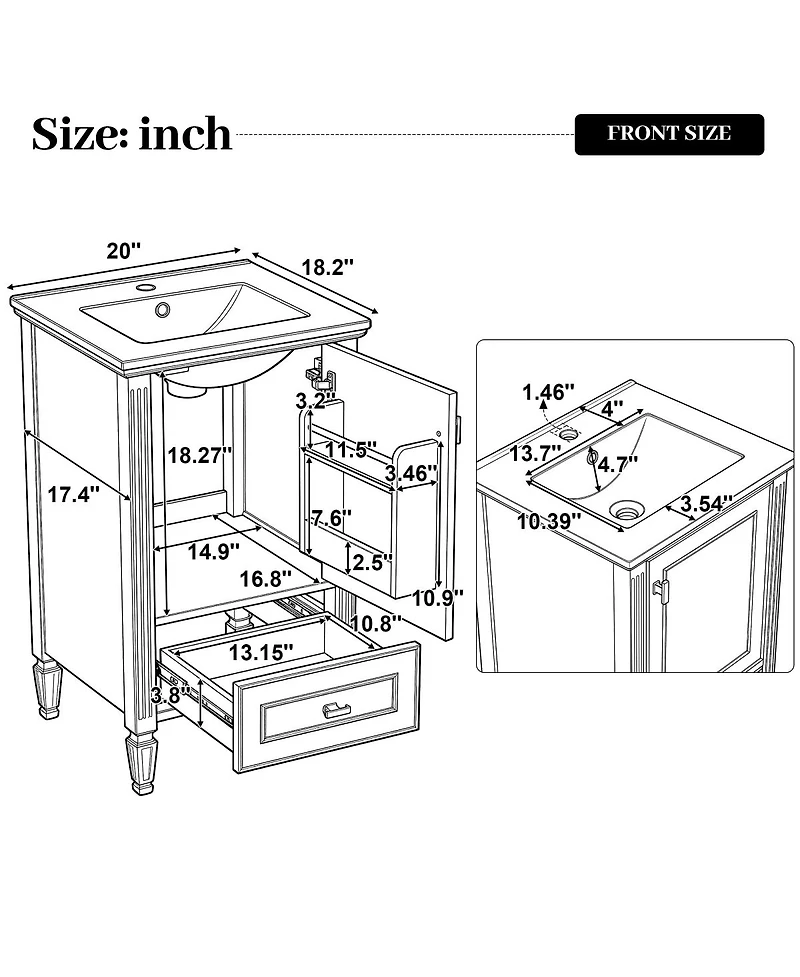 Sillysis 20 Inch Retro Bathroom Vanity with Ceramic Sink, Solid Wood Legs, Soft Close Door and Bottom Drawer Storage