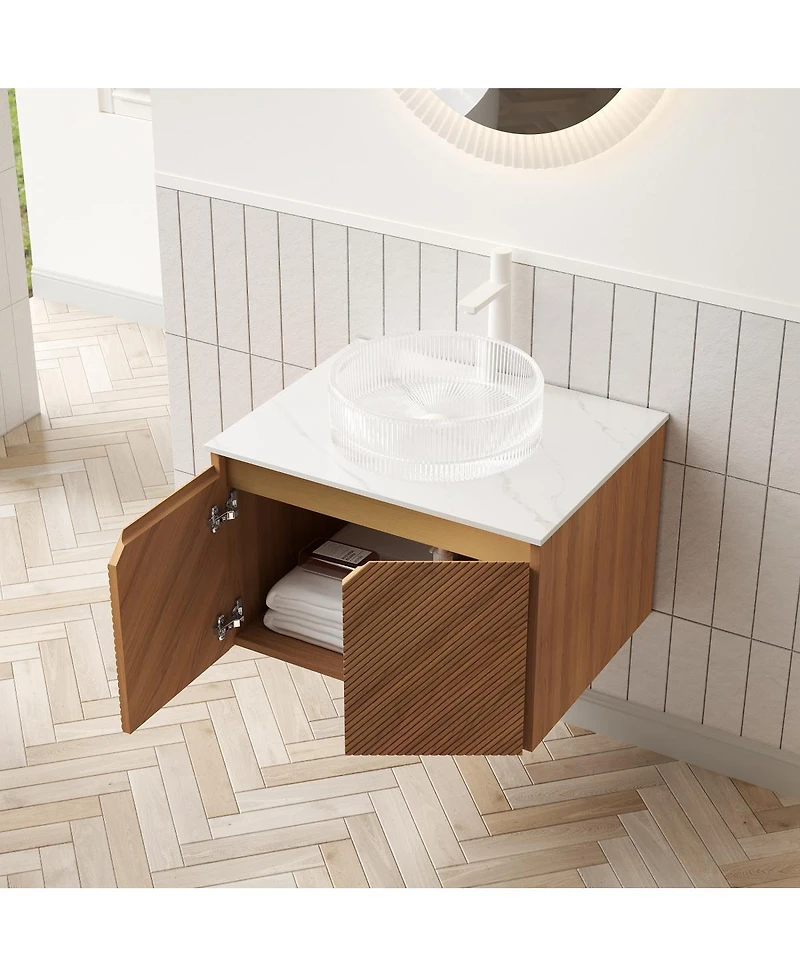 Sillysis Floating Bathroom Vanity with Glass Vessel Sink, Carrara Sintered Stone Top, Solid Wood Door, Twill Metal Trim