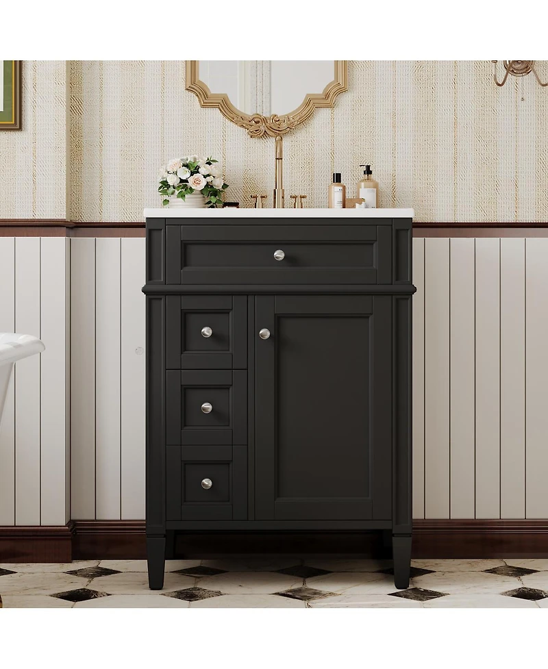 Sillysis 24" French Bathroom Vanity with Ceramic Sink, Modern Freestanding Cabinet, Soft Close Storage Drawers, Adjustable Shelf
