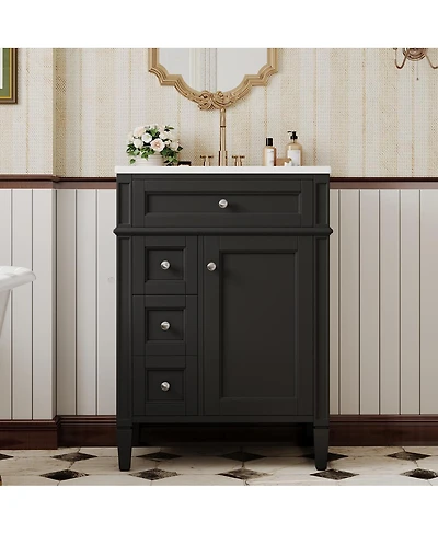 Sillysis 24" French Bathroom Vanity with Ceramic Sink, Modern Freestanding Cabinet, Soft Close Storage Drawers, Adjustable Shelf