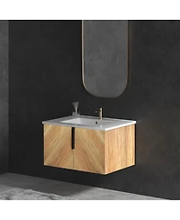 Sillysis Modern Wall Mounted Bathroom Vanity, 3D Fluted Double Door Cabinet, Integrated Ceramic Sink