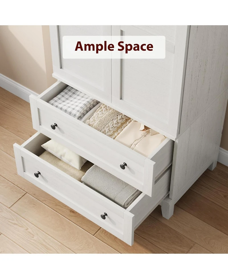 homfan Tall Storage cabinet with 2 Drawers, Farmhouse Wooden Freestanding Floor Storage Cabinet with 2 Doors and Diy Adjustable Shelf