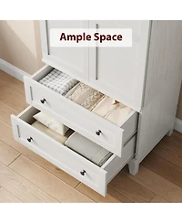 homfan Tall Storage cabinet with 2 Drawers, Farmhouse Wooden Freestanding Floor Storage Cabinet with 2 Doors and Diy Adjustable Shelf