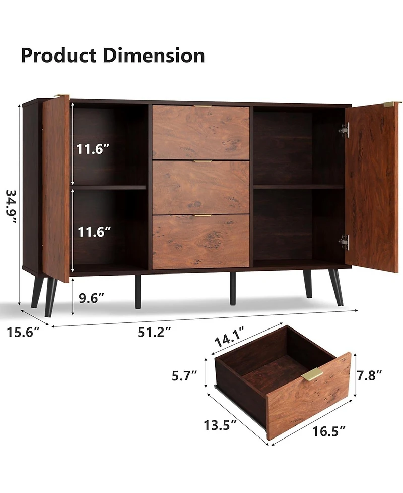 homfan Buffet Credenza with Spacious Storage, Drawers, Shelves and Metal Handles, Coffee Bar Cabinet for Dining Room, Kitchen, Robot Air Pump Friendly