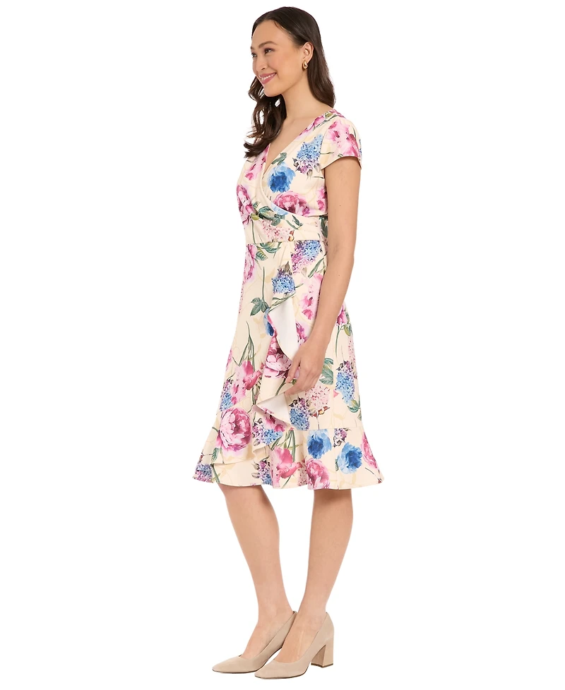 London Times Petite Printed Ruffle Detail Dress