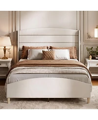 homfan Upholstered Platform Bed Frame, Queen Size Linen Wingback Bed Frame with 51.6 Inch Tall Headboard for Bedroom