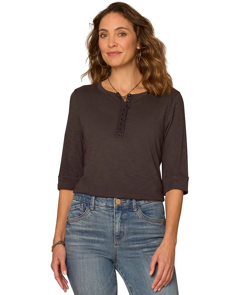 Democracy Petite Henley Neck Pull-On Knit Top