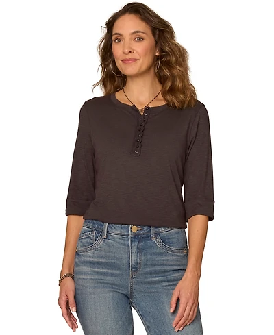 Democracy Petite Henley Neck Pull-On Knit Top