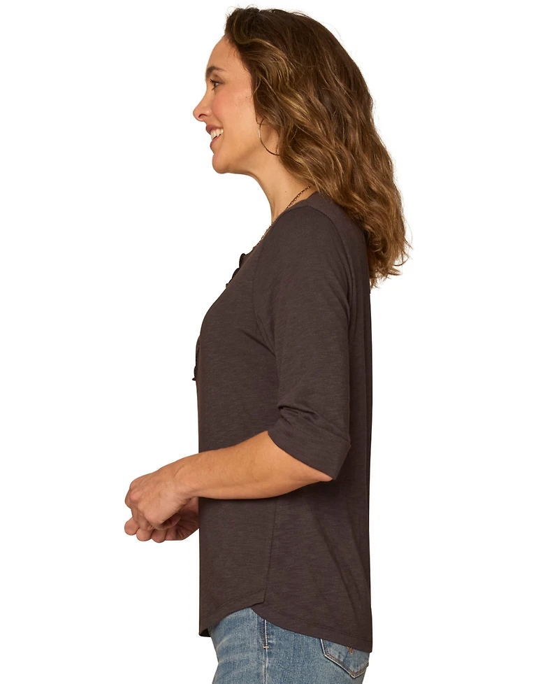 Democracy Petite Henley Neck Pull-On Knit Top