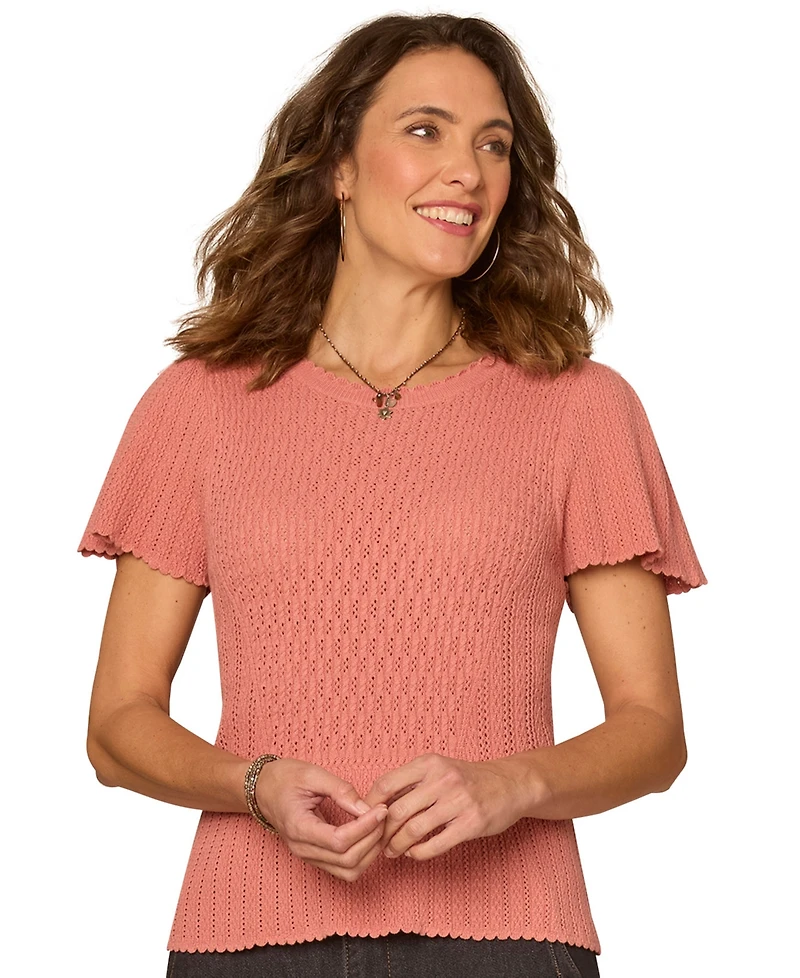 Democracy Petite Flounce Crochet Round Neck Sweater
