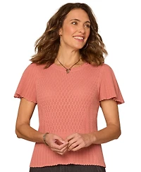 Democracy Petite Flounce Crochet Round Neck Sweater